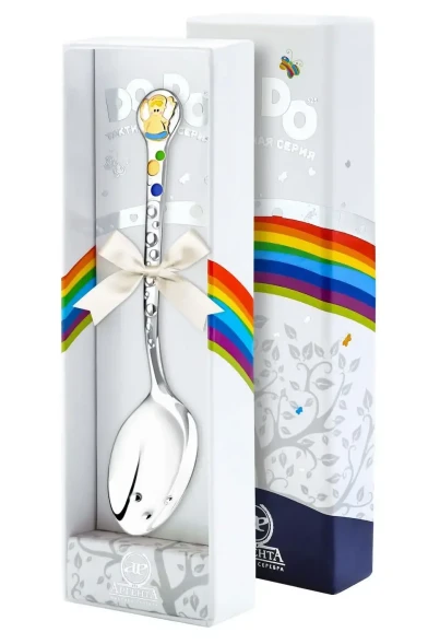 450ЛЖ05808_г Серебряная детская ложка «Ангелочек» с золочением и эмалью для мальчика