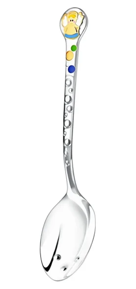 450ЛЖ05808_г Серебряная детская ложка «Ангелочек» с золочением и эмалью для мальчика