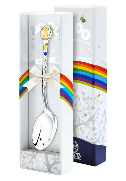 450ЛЖ05808_р Серебряная детская ложка «Ангелочек» с золочением и эмалью для девочки