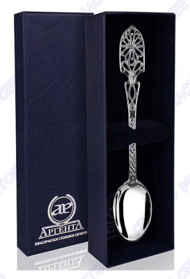 814ЛЖ03001 Серебряная чайная ложка «Скань» в подарочном футляре