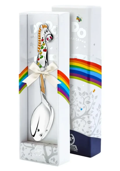 267ЛЖ05807_р Серебряная детская ложка «Лошадка в яблоках» с рыжей эмалью