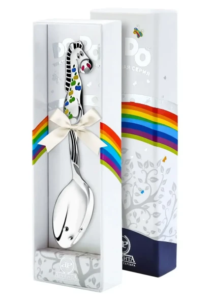 267ЛЖ05807_ч Серебряная детская ложка «Лошадка в яблоках» с черной эмалью