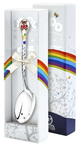 368ЛЖ05808_м Серебряная детская ложка «Медвежонок» с малиновой эмалью