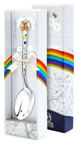 368ЛЖ05808_ор Серебряная детская ложка «Медвежонок» с оранжевой эмалью