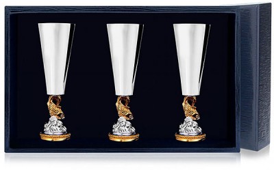 Набор серебряных рюмок «Золотая Рыбка» с позолотой из 3 предметов в подарочном футляре