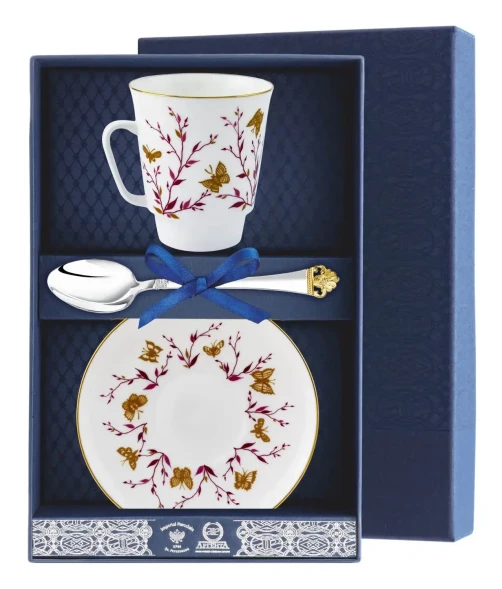 097Ф03 Чайный набор с серебряной чайной ложкой "Майская - Розовые веточки" 