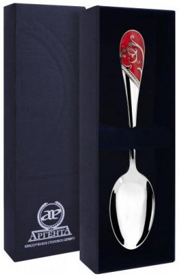 736ЛЖ03008 Серебряная чайная ложка «Кружевные узоры» с красной эмалью в подарочном футляре
