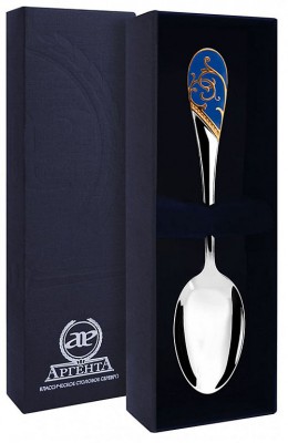 736ЛЖ03007 Серебряная чайная ложка «Кружевные узоры» без золочения с синей эмалью в подарочном футляре