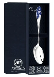 Серебряная чайная ложка «Кружевные узоры» с синей эмалью