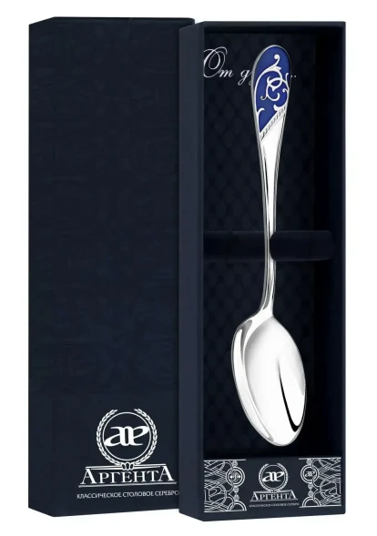 736ЛЖ03807 Серебряная чайная ложка «Кружевные узоры» без золочения с синей эмалью