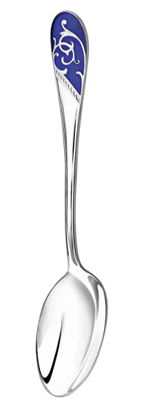 736ЛЖ03807 Серебряная чайная ложка «Кружевные узоры» без золочения с синей эмалью