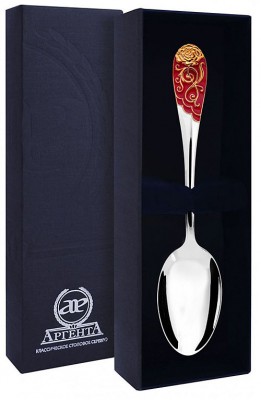 715ЛЖ03007 Серебряная чайная ложка « Роза» с красной эмалью без золочения в подарочном футляре