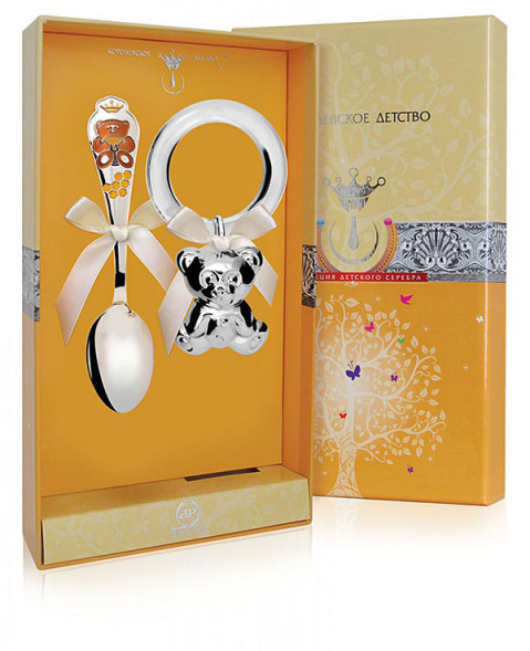 РИ68НБ05801 Набор детского серебра «Мишка» с погремушкой на кольце
