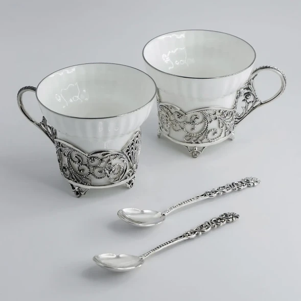 701НБ03806 Серебряная чайная пара «Зимние узоры»