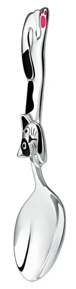 036ЛЖ05807_ч Серебряная детская ложка «Котик» с черной эмалью