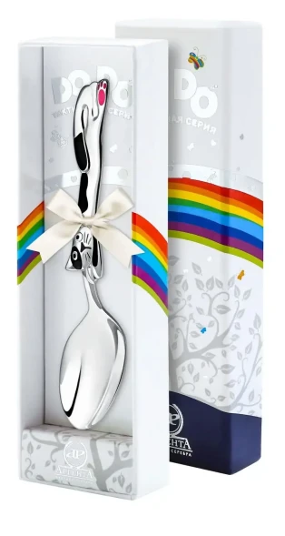 036ЛЖ05807_ч Серебряная детская ложка «Котик» с черной эмалью