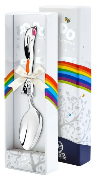 036ЛЖ05807_р Серебряная детская ложка «Котик» с рыжей эмалью