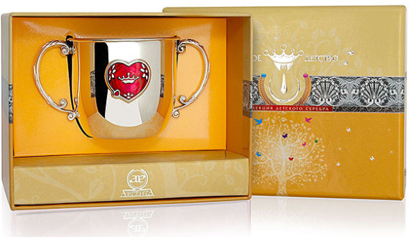 468ПЛ05807 Серебряный детский поильник «Сердце» с эмалью