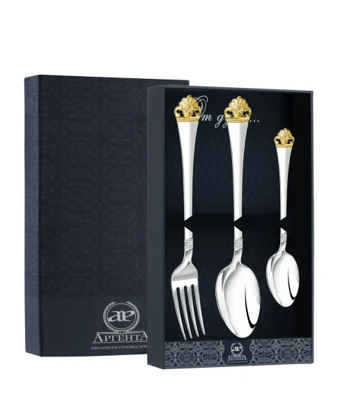 1527НБ01802 Серебряный столовый набор "Афина" с позолотой на 1 персону (3 предмета)