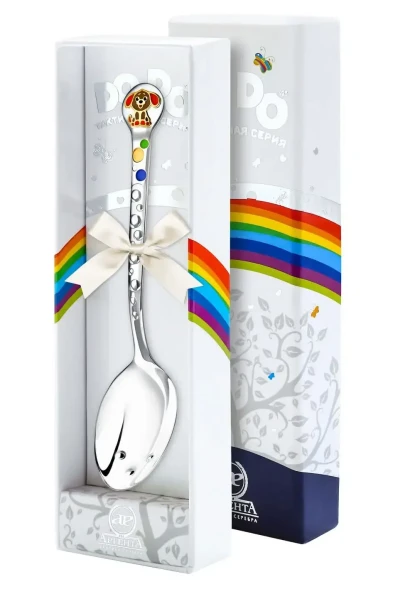 773ЛЖ05808_р Серебряная детская ложка «Собачка » с рыжей эмалью