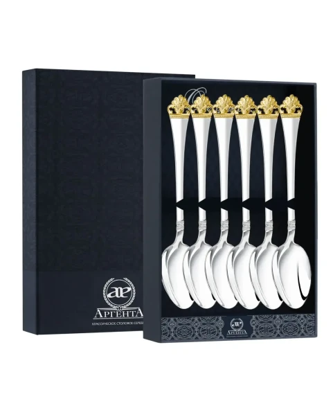  1437НБ03802 Серебряный чайный набор "Афина" с позолотой на 6 персон (6 предметов)