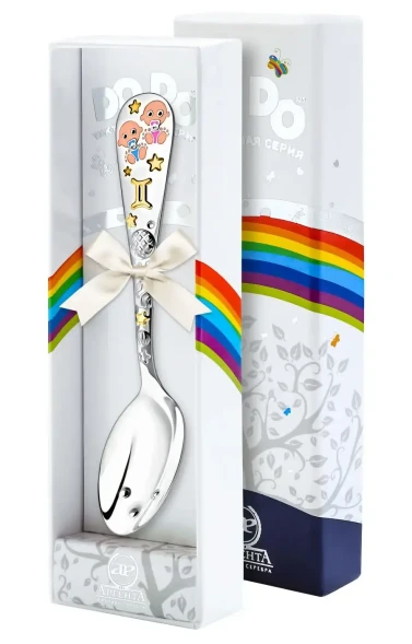 1145ЛЖ05808 Серебряная детская ложка «Зодиак-Близнецы» с золочением и эмалью