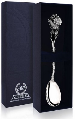 346ЛЖ03006 Серебряная чайная ложка «Глухарь» с чернением в подарочном футляре