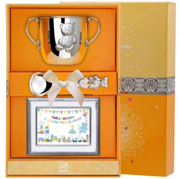 11176 Серебряный детский набор «Мишутка» с рамкой для фото