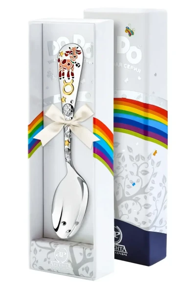 1138ЛЖ05808 Серебряная детская ложка "Зодиак Телец" с золочением и эмалью