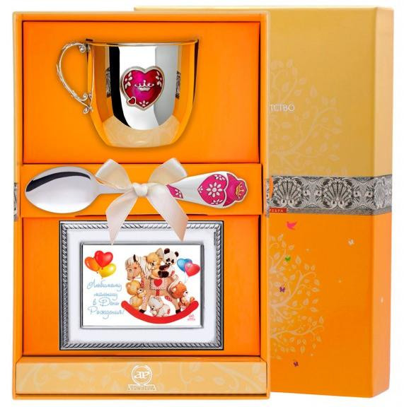 11179 Серебряный детский набор «Сердце» с рамкой для фото