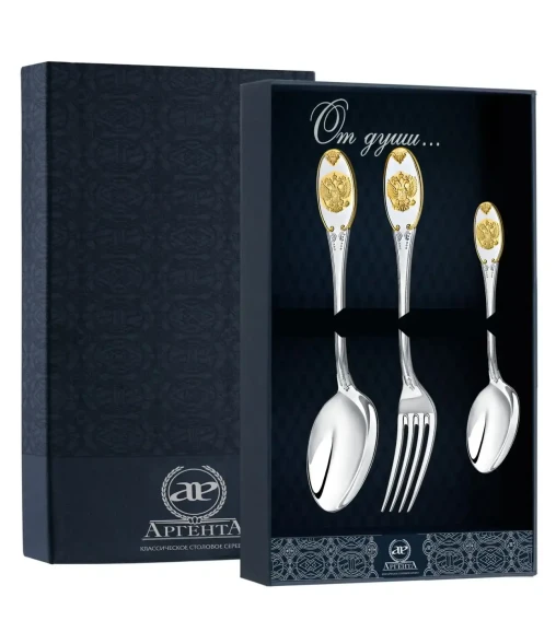 688НБ01802 Серебряный столовый набор на 1 персону «Единство» с золочением (3 предмета)
