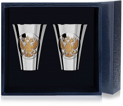 Набор серебряных стопок «Герб» с золочением из 2 предметов в подарочном футляре