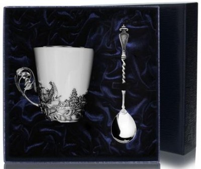 Серебряный чайный набор «Тетерев» с чернением в подарочном футляре