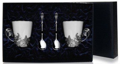 671НБ03806 Серебряная чайная пара «Тетерев» с чернением в подарочном футляре