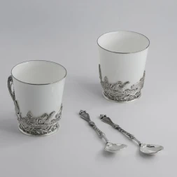 Серебряная чайная пара «Тетерев» с чернением