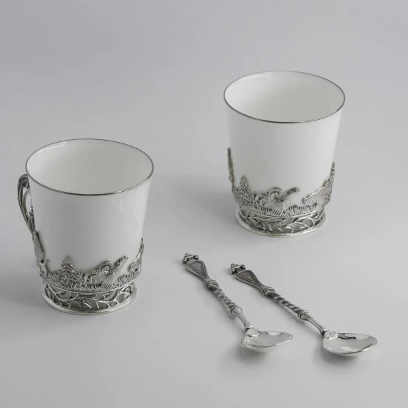 671НБ03806 Серебряная чайная пара «Тетерев» с чернением