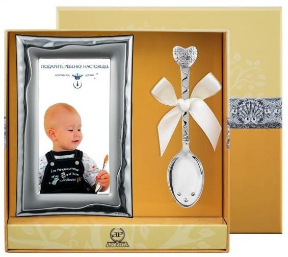 РИ112НБ05801 Серебряный детский набор «Сердце с цветами»