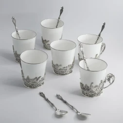 Серебряный чайный набор «Тетерев» на 6 персон с чернением