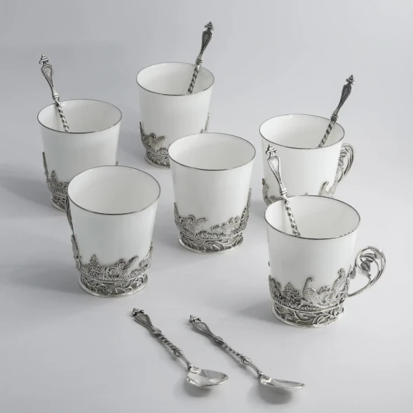 666НБ03806 Серебряный чайный набор «Тетерев» на 6 персон с чернением