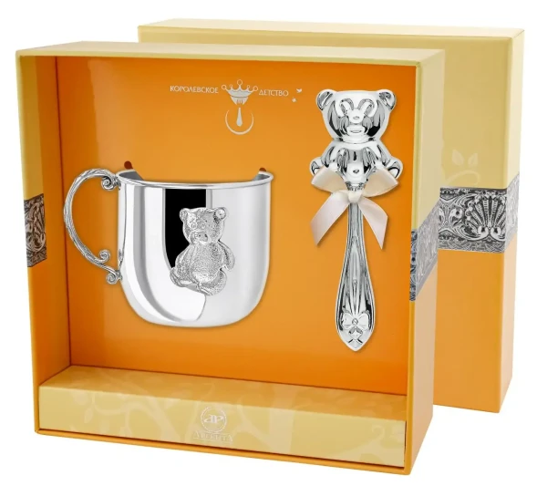 1266НБ05801 Набор детского серебра с кружкой «Мишутка» и погремушкой