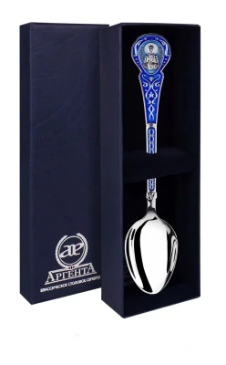 813ЛЖ00808 Серебряная чайная ложка «Матрона» с синей эмалью