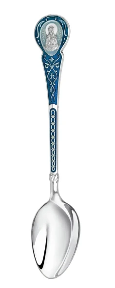 813ЛЖ00807_с Серебряная чайная ложка «Матрона» с синей эмалью