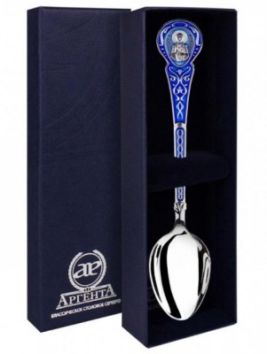 813ЛЖ00008 Серебряная чайная ложка «Матрона» с синей эмалью в подарочном футляре