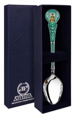 813ЛЖ00008 Серебряная чайная ложка «Матрона» с зеленой эмалью в подарочном футляре