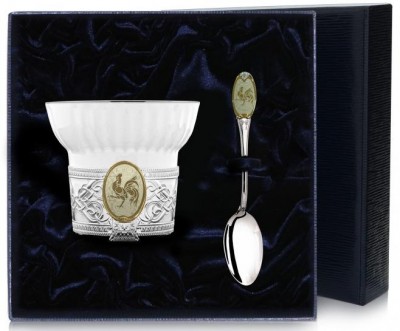 5482 Серебряный чайный набор «Год Петуха» с золочение в подарочном футляре