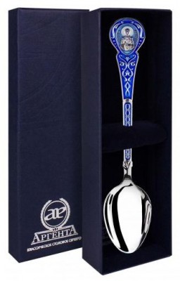 813ЛЖ00007 Серебряная ложка «Матрона» с синей эмалью в подарочном футляре