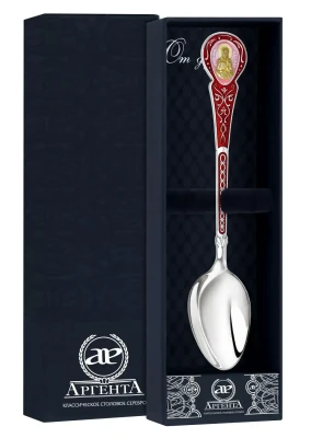 813ЛЖ00808 Серебряная чайная ложка «Матрона» с красной эмалью и с позолотой