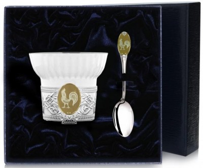 5483 Серебряный чайный набор «Золотой петушок» с золочением в подарочном футляре