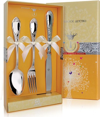 Набор детских серебряных столовых приборов «Престиж» с ножом в подарочном футляре