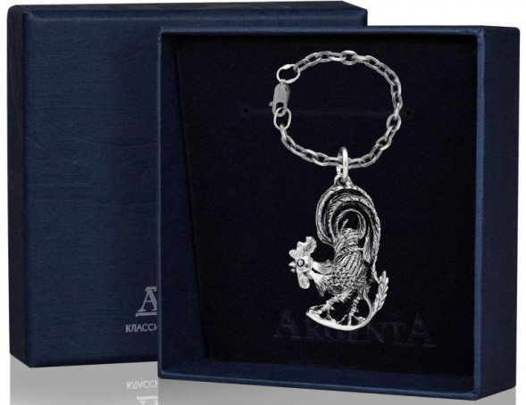 889БР15006 Серебряный брелок «Петух» с чернением